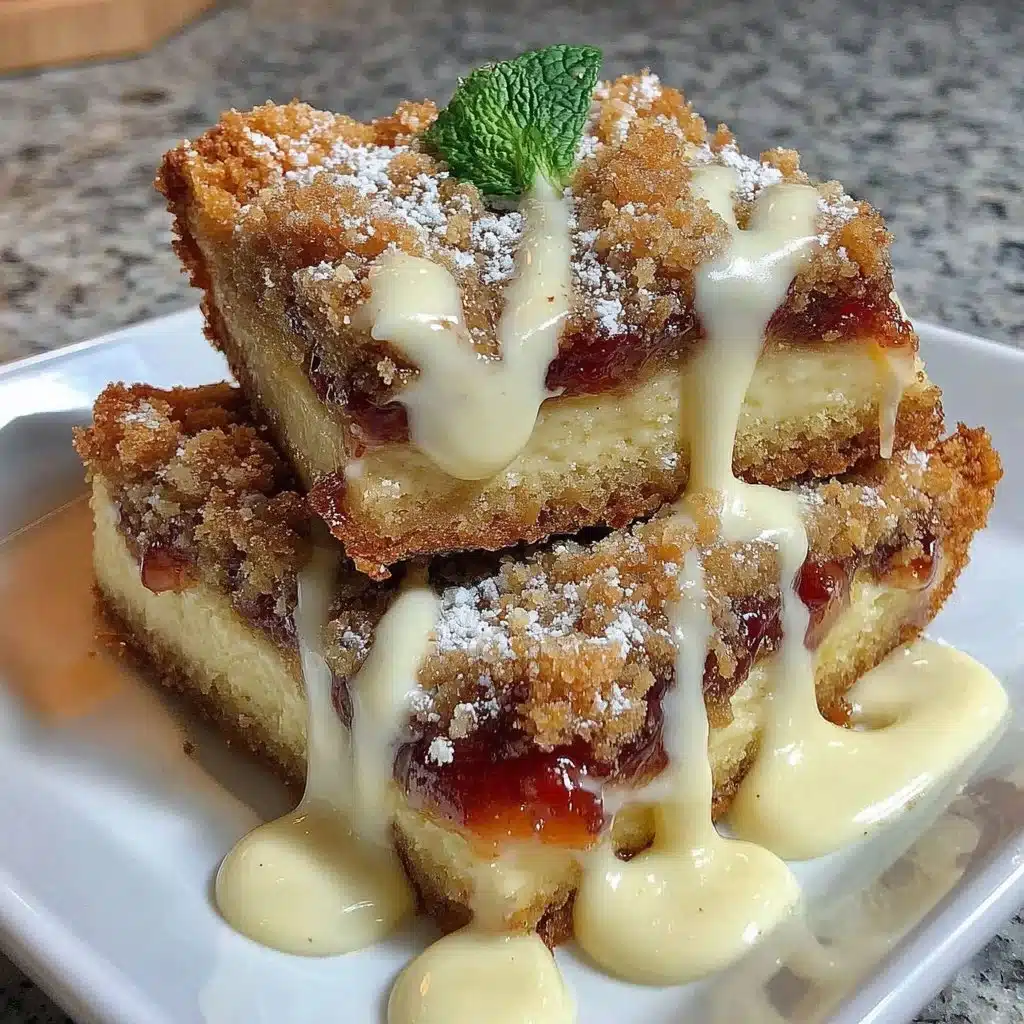 Delicious rhubarb bars with cream cheese topping on a wooden table