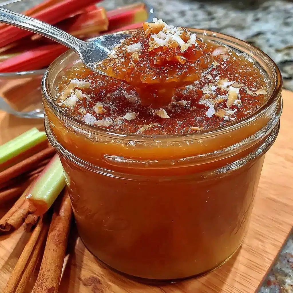 Jar of homemade rhubarb cinnamon jam with fresh rhubarb and cinnamon sticks