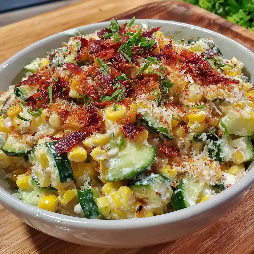 Street corn creamy cucumber salad garnished with fresh herbs and spices
