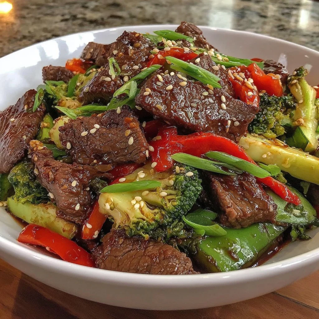 Bowl of super easy beef stir fry with colorful vegetables for meal prep.