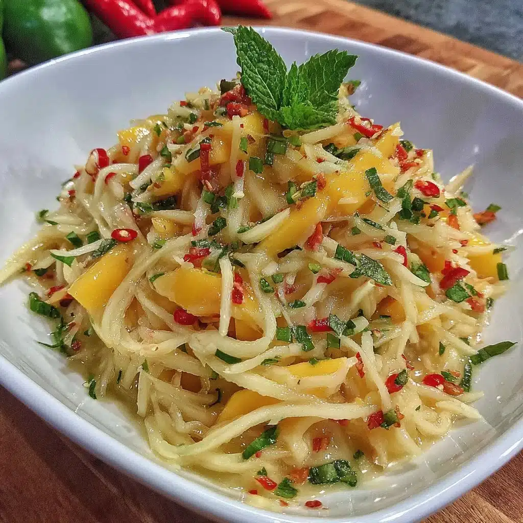 A vibrant Thai Mango Salad with fresh mango slices, herbs, and colorful vegetables.