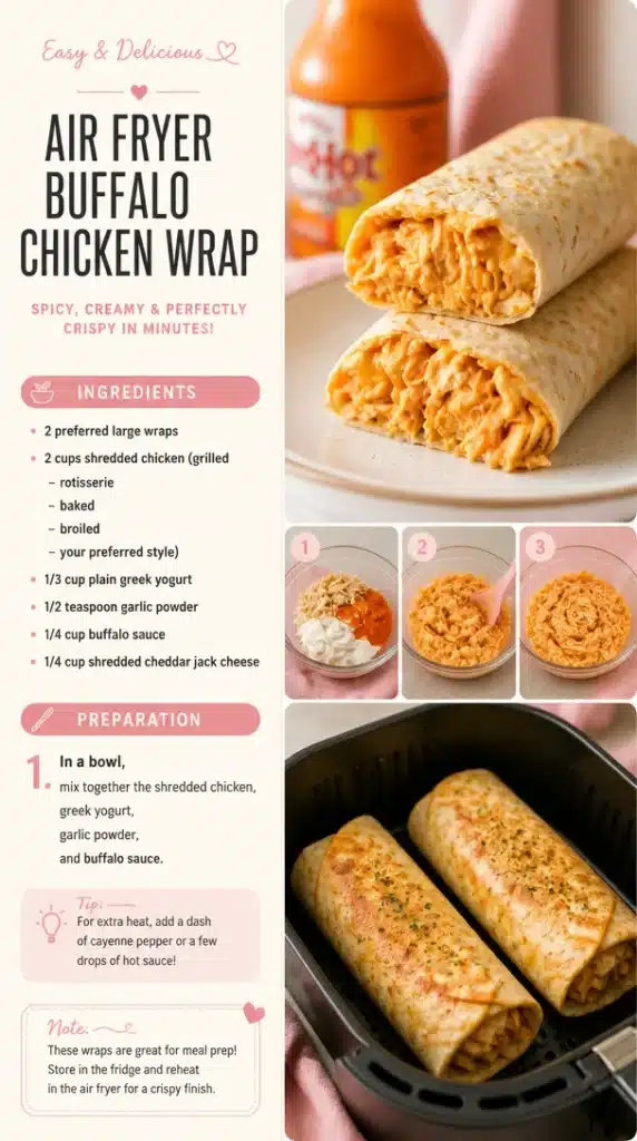 Air fryer buffalo chicken wrap with fresh ingredients wrapped in a tortilla