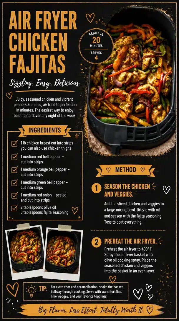 Plate of Air Fryer Chicken Fajitas with colorful veggies and seasonings.