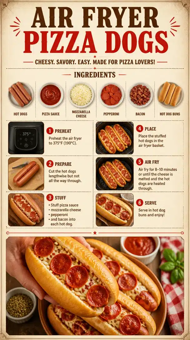 Air Fryer pizza dogs served on a plate with dipping sauces