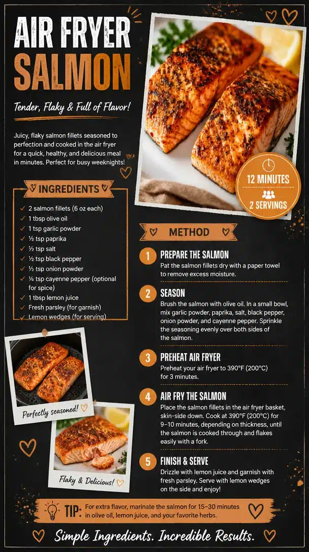 Delicious air fryer salmon cooked to perfection with crispy skin and tender flesh