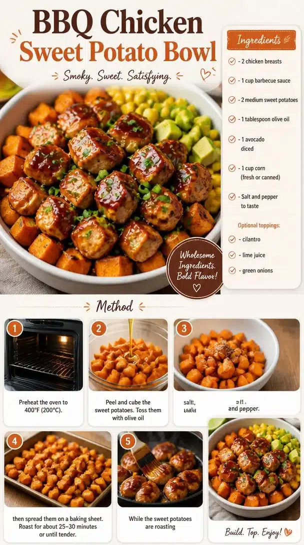 BBQ chicken sweet potato bowl served with fresh veggies and sauce
