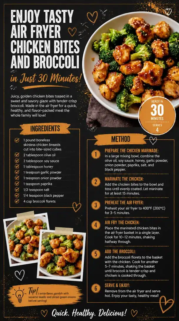 Enjoy Tasty Air Fryer Chicken Bites and Broccoli in Just 30 Minutes!