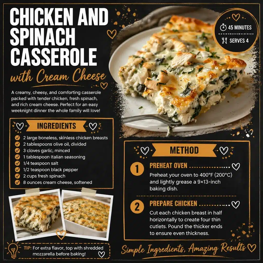Creamy Chicken Spinach Casserole with cream cheese in a baking dish