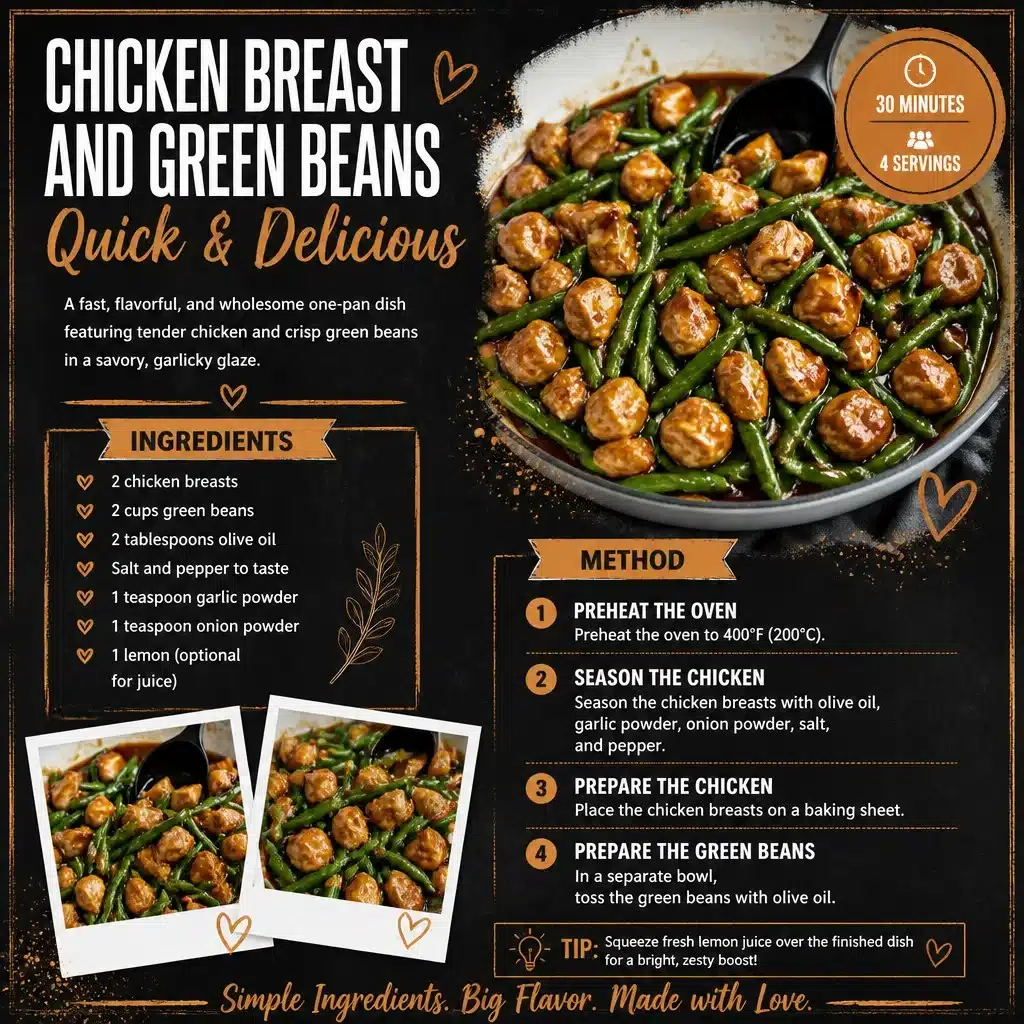 Deliciously cooked chicken breast served with green beans on a plate