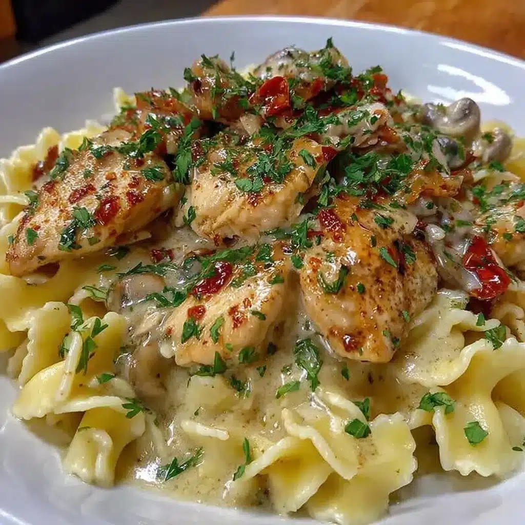 Delicious Chicken Stroganoff served with noodles and garnished with parsley