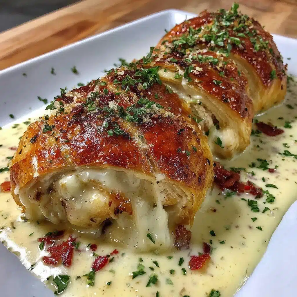 Delicious Chicken Wellington with Dijon cream sauce on a serving plate
