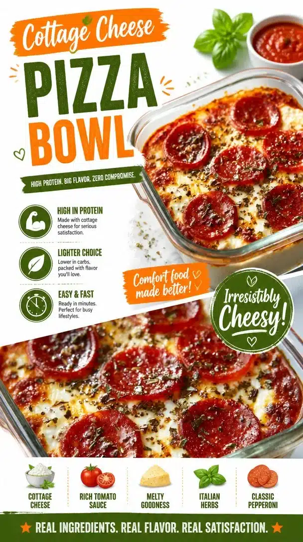 Cottage cheese pizza bowl topped with fresh vegetables and herbs for a cozy fall meal.
