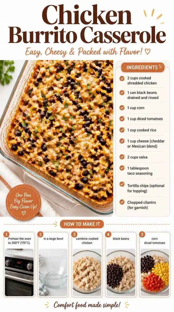 Cozy Chicken Burrito Casserole baked dish topped with cheese and spices