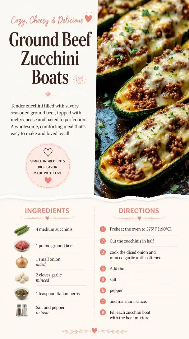 Delicious ground beef zucchini boats topped with cheese and herbs