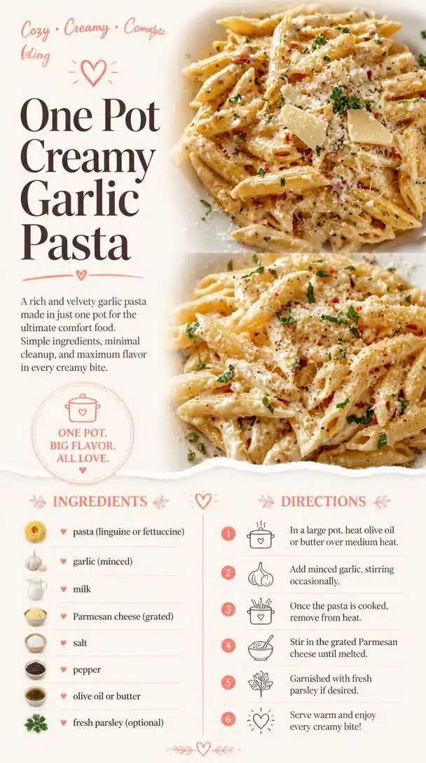 Bowl of cozy one pot creamy garlic pasta with parsley garnish
