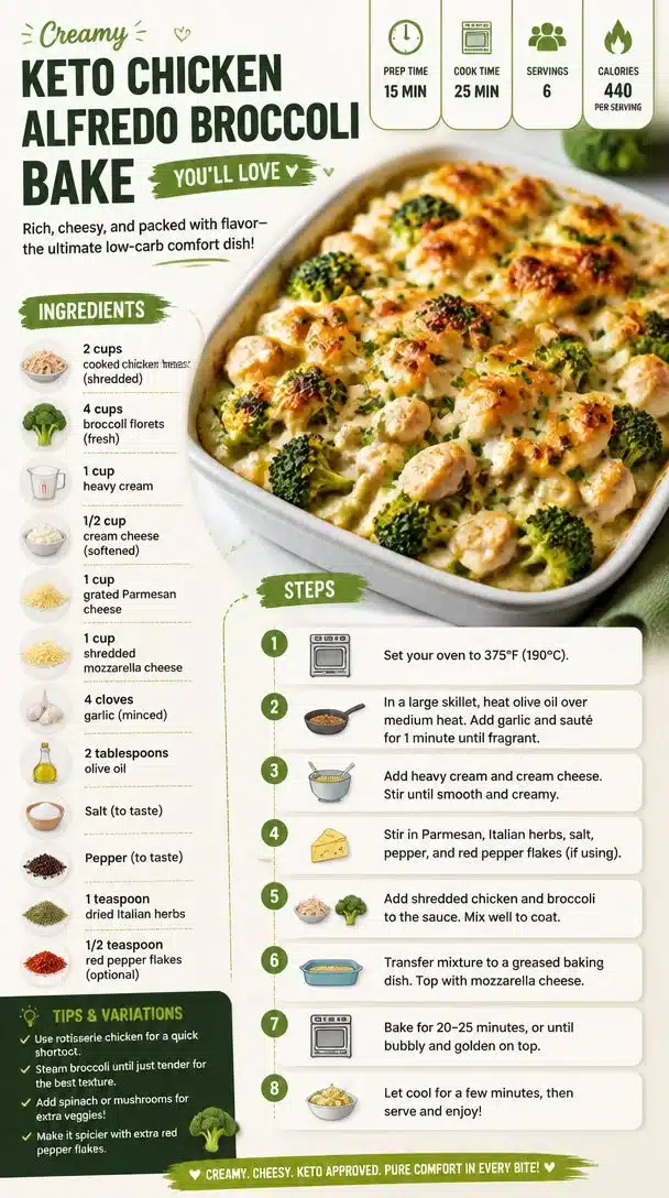 Creamy Keto Chicken Alfredo Broccoli Bake ready to serve