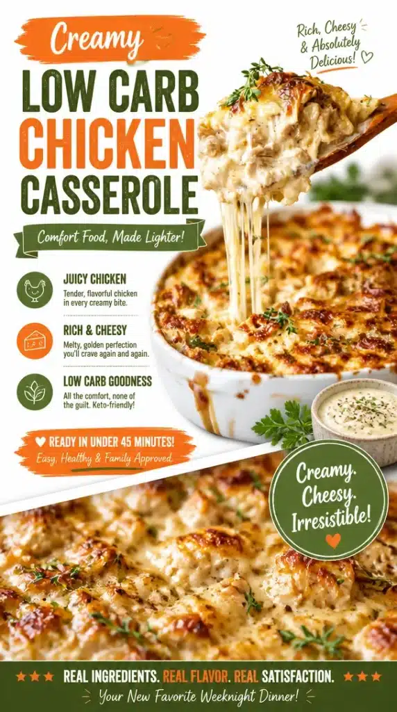 Creamy low carb chicken casserole topped with cheese and herbs