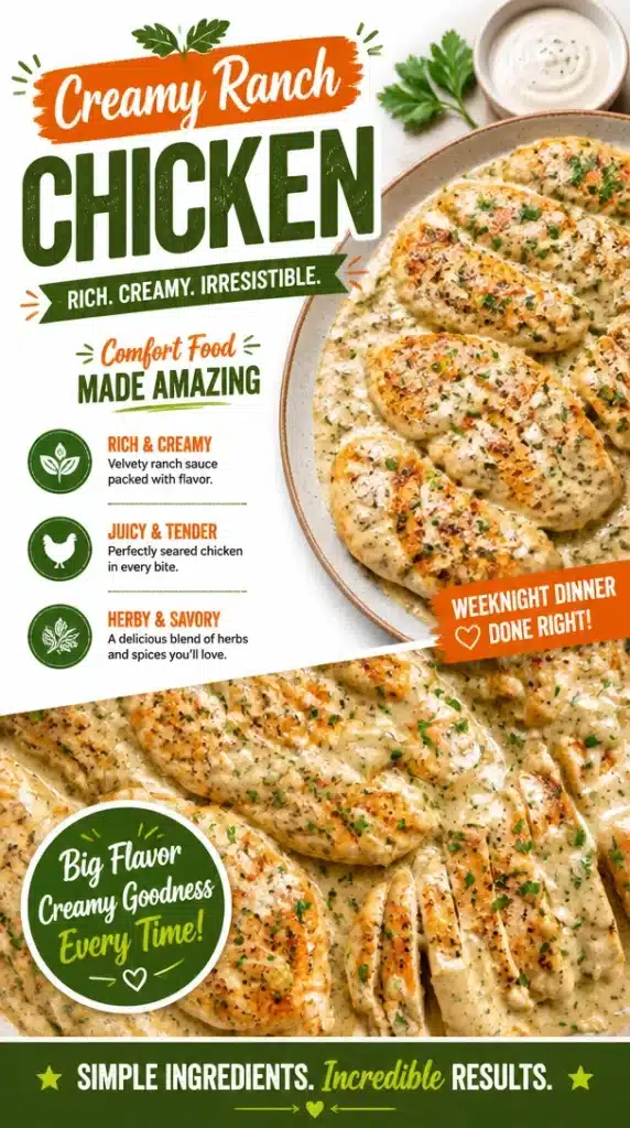 Creamy ranch chicken dish served with vegetables on a plate
