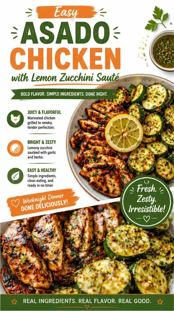 Delicious Easy Asado Chicken served with lemon zucchini sauté on a plate.