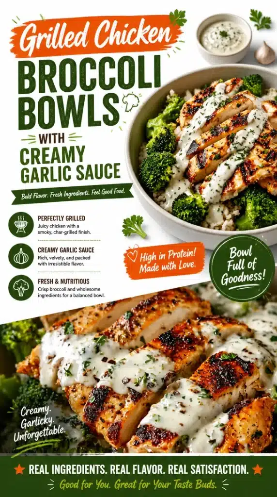 Grilled chicken broccoli bowl with creamy garlic sauce served in a bowl