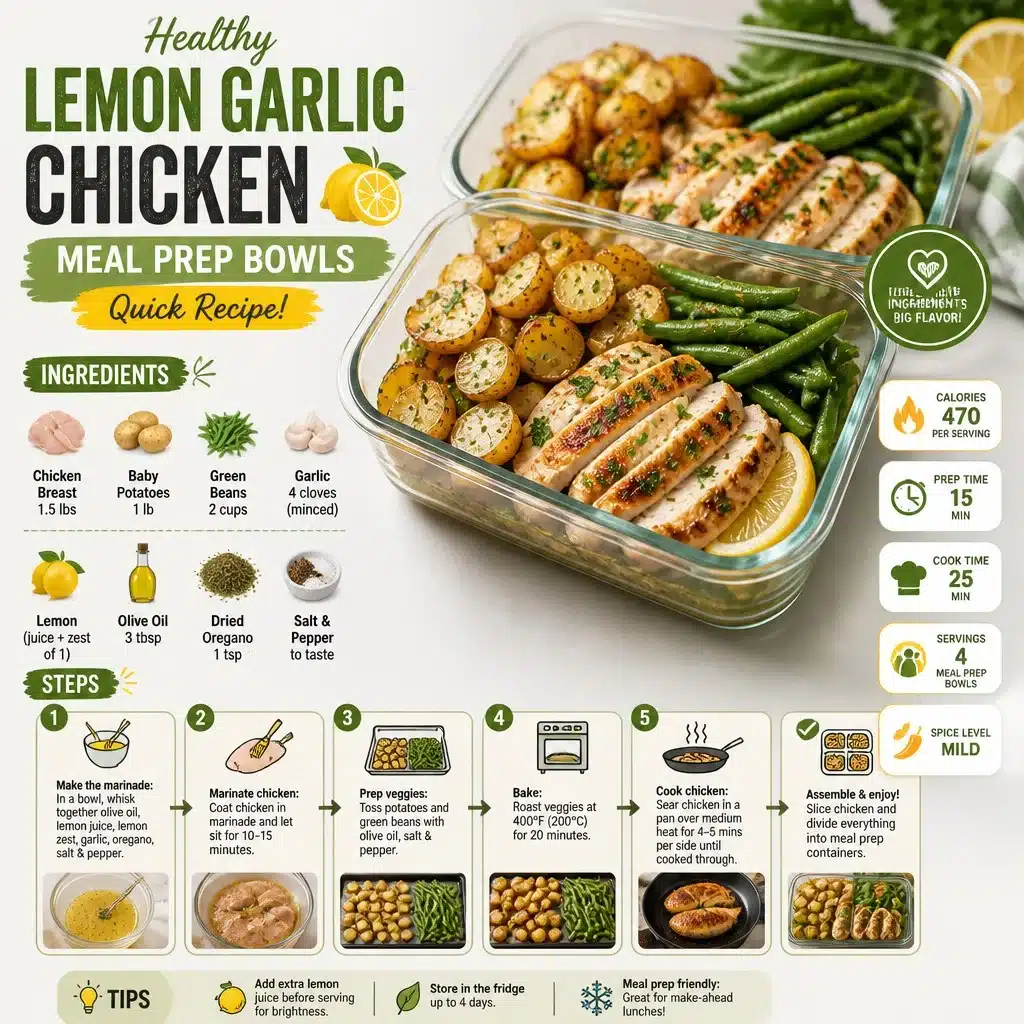 Healthy lemon garlic chicken meal prep bowl with vegetables and rice