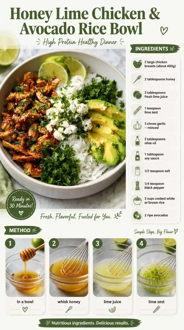 Honey Lime Chicken served in a colorful avocado rice bowl