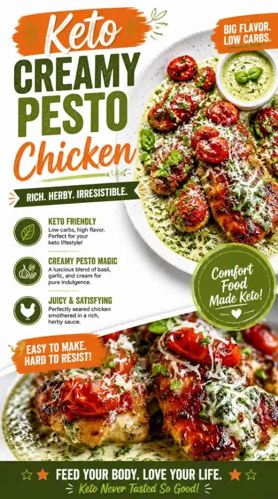 Delicious Keto Creamy Pesto Chicken served in a bowl