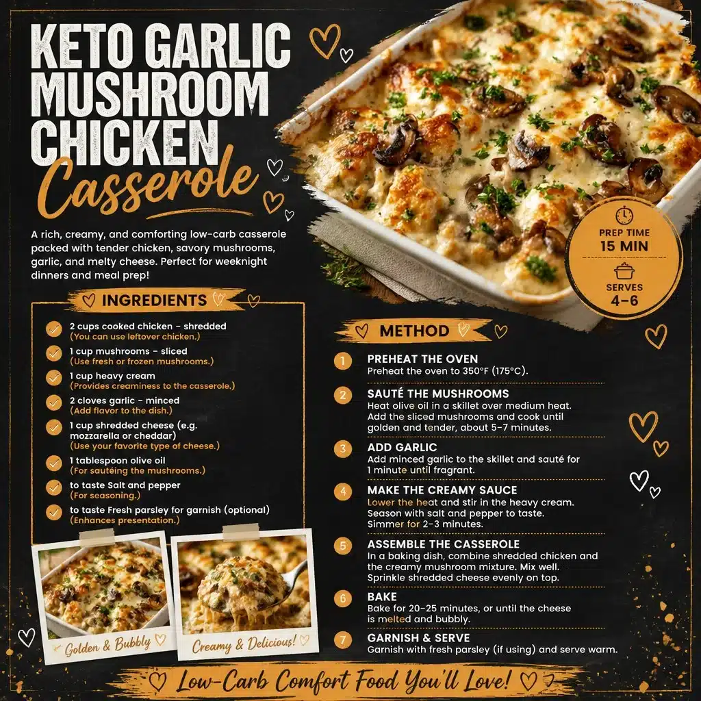 Keto Garlic Mushroom Chicken Casserole served in a dish with herbs