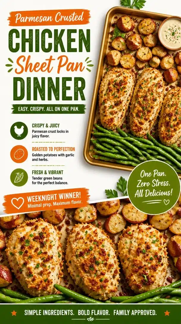 Parmesan Crusted Chicken Sheet Pan Dinner with vegetables