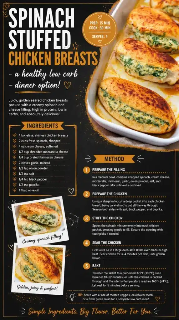 Delicious spinach stuffed chicken breasts baked to perfection with healthy ingredients