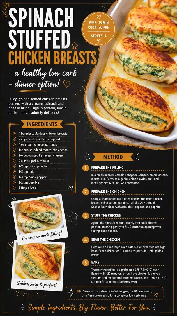 Delicious spinach stuffed chicken breasts baked to perfection with healthy ingredients