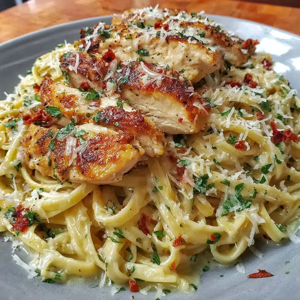 Creamy garlic parmesan chicken pasta served in a bowl with herbs.