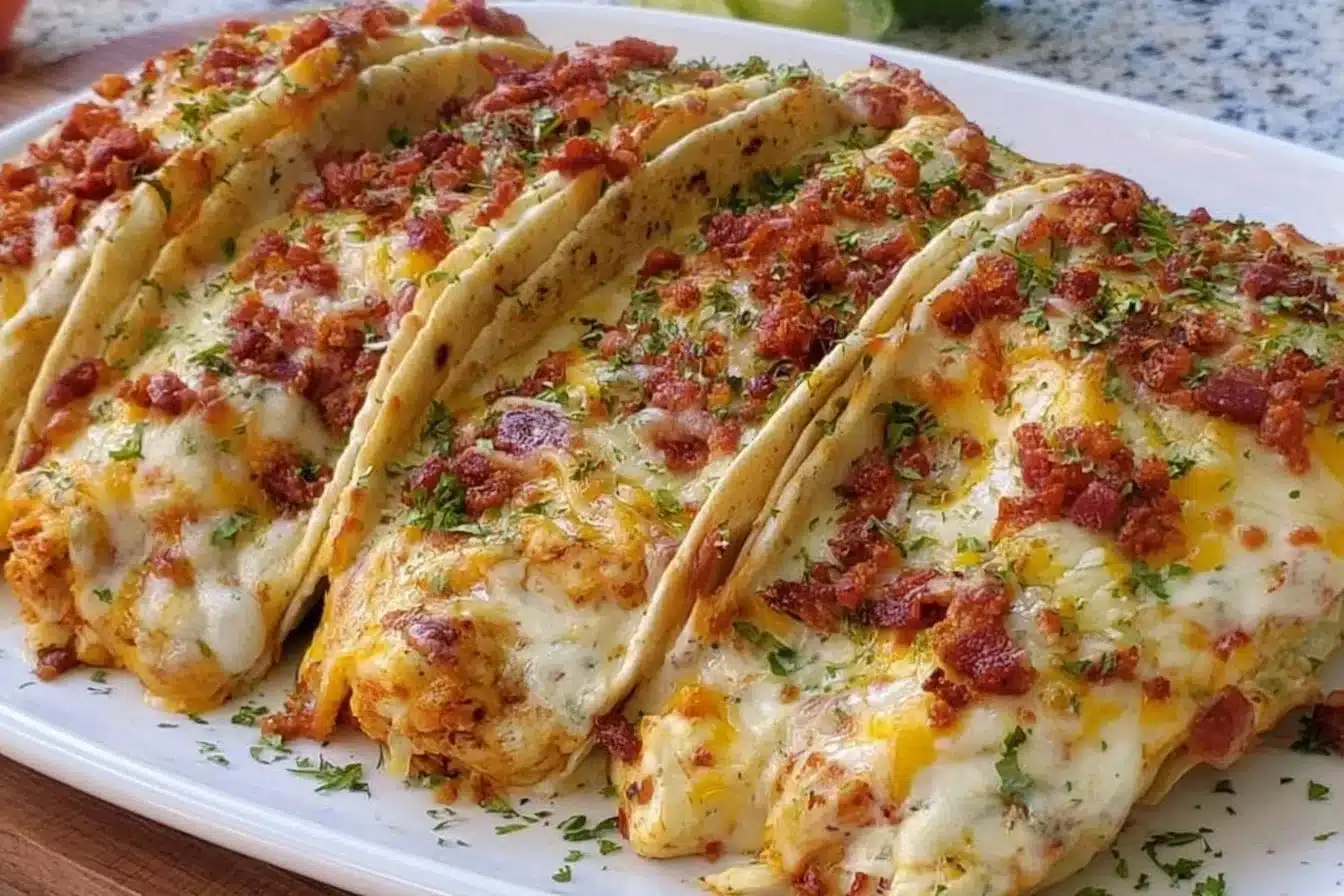 Baked chicken bacon ranch tacos topped with cheese and fresh ingredients