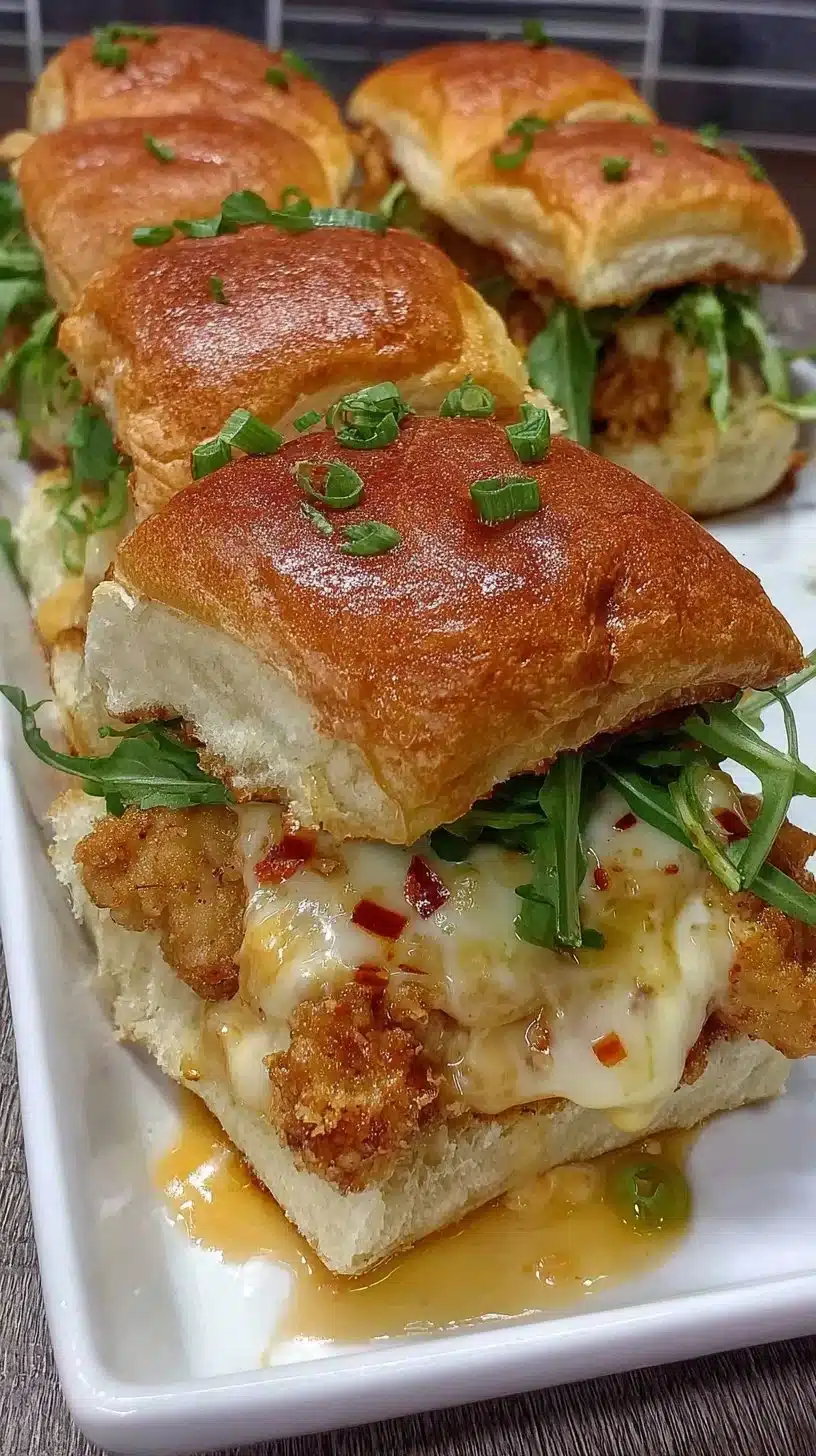A plate of Bang Bang Chicken Sliders with spicy sauce and garnishes