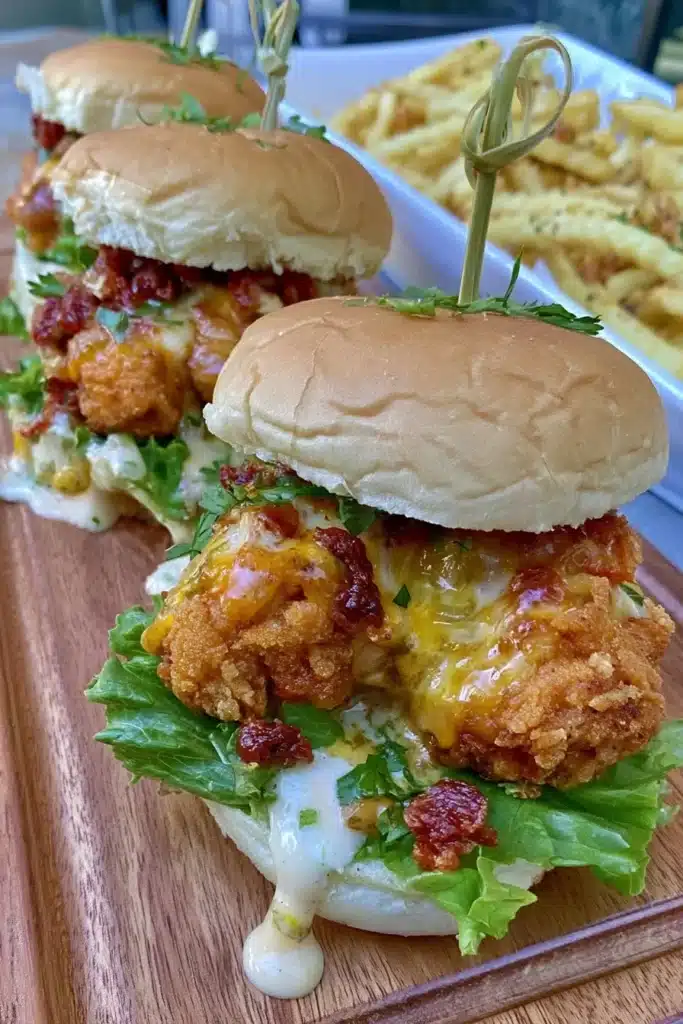 Bang Bang Chicken Sliders with spicy sauce and fresh toppings on a plate