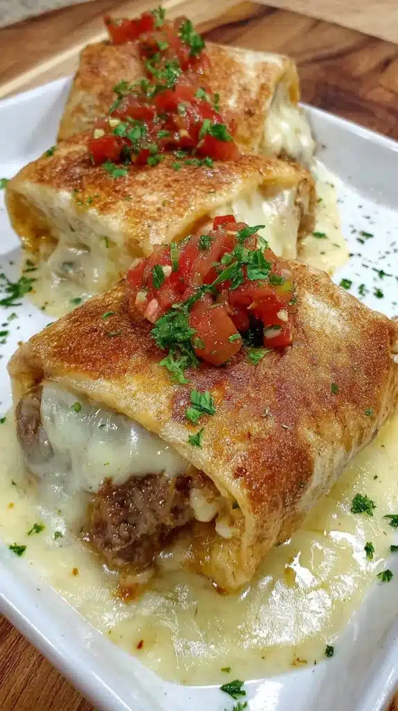 Delicious Beef and Cheese Chimichangas ready to be served