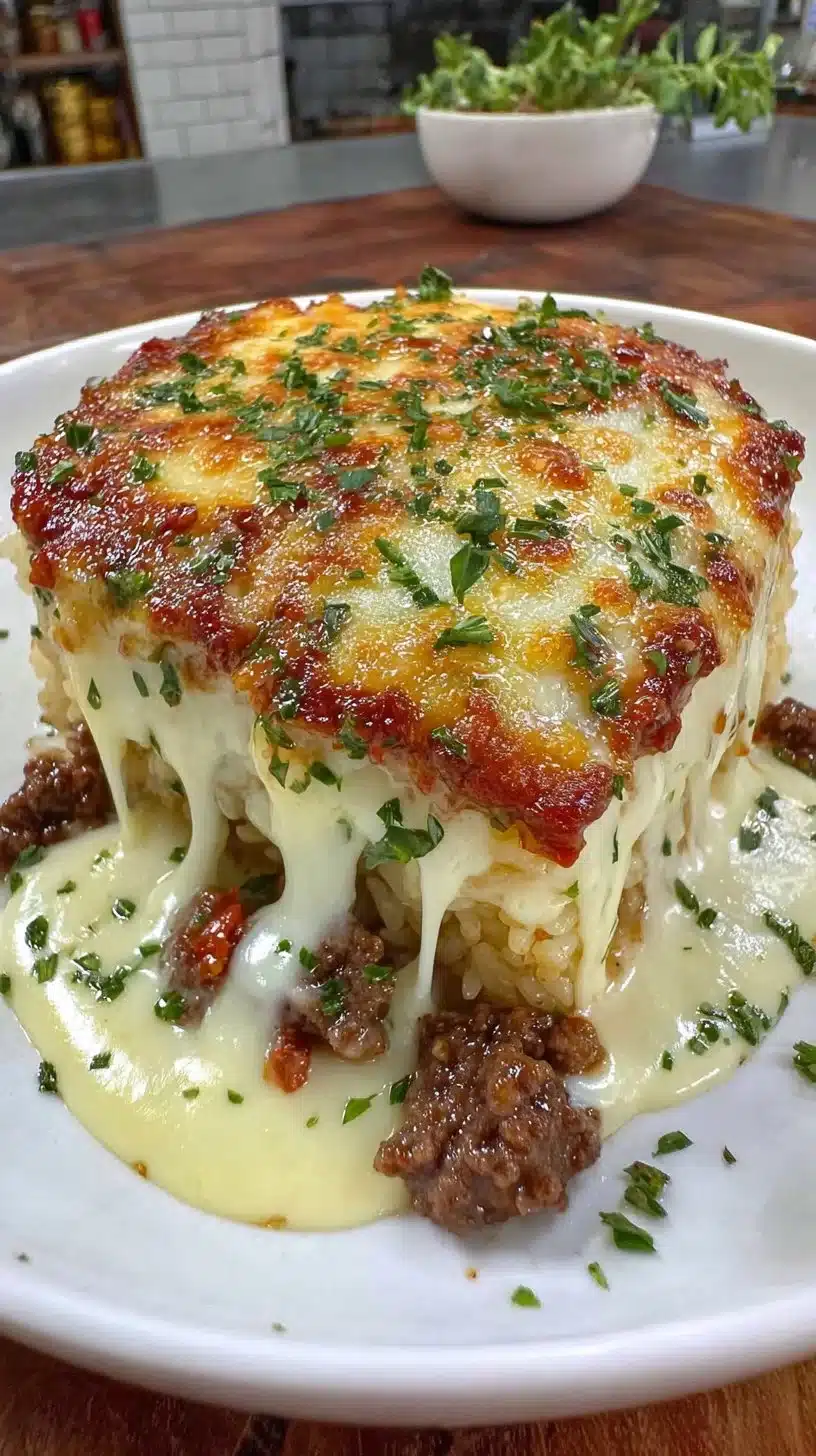 Cheesy ground beef and rice casserole served in a baking dish