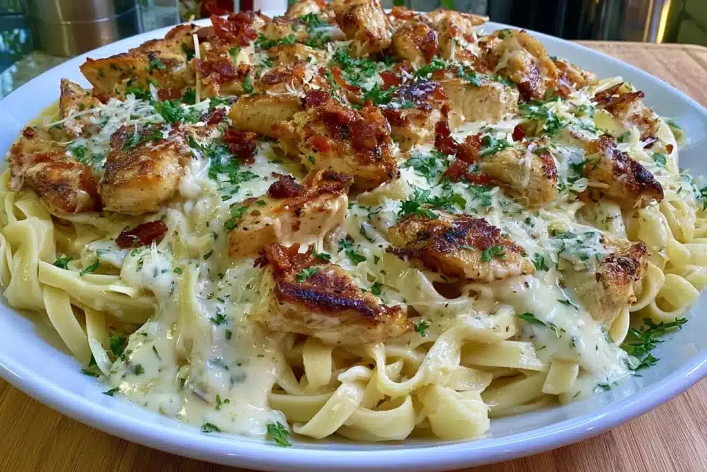 Delicious Chicken Fettuccine Alfredo with creamy sauce and fresh parsley on top