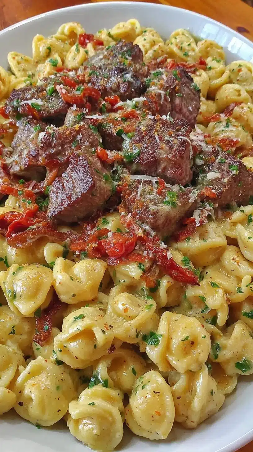 Creamy Garlic Butter Steak Bites served with Spicy Cajun Alfredo Twisted Pasta