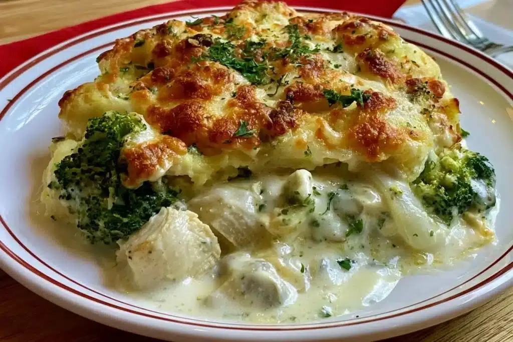 Creamy Keto Chicken Alfredo Broccoli Bake ready to serve