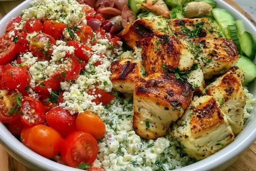 Healthy Greek Chicken Bowls ready in 30 minutes with fresh ingredients.