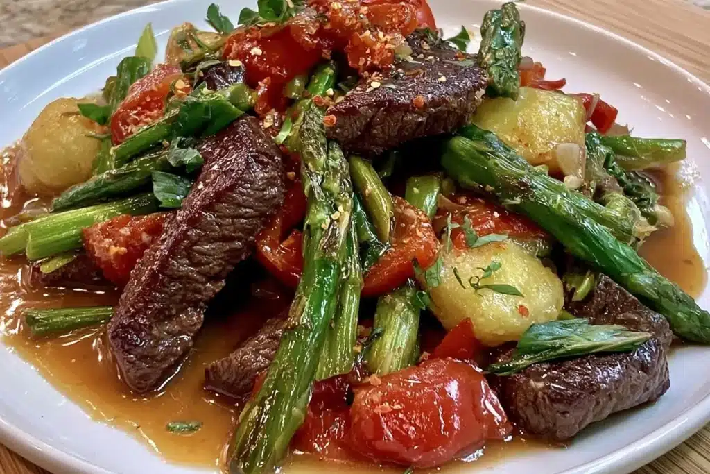 Bowl of colorful keto stir fry with vegetables and chicken