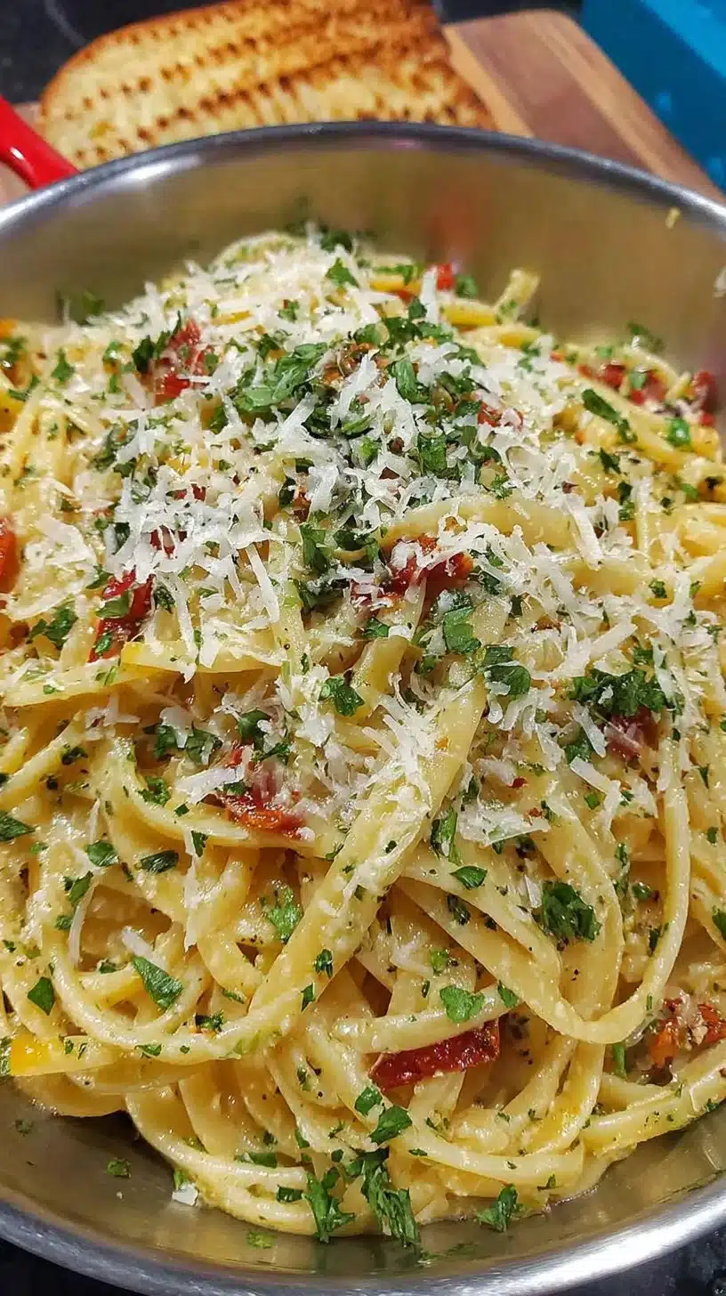 One pot creamy garlic pasta served in a dish with herbs and parmesan