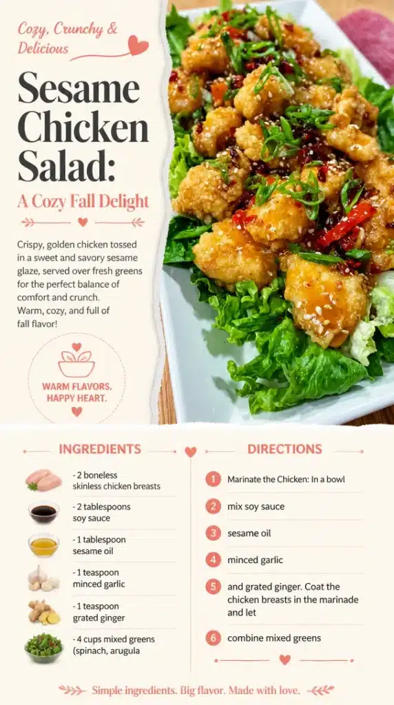A colorful bowl of sesame chicken salad with greens and sesame dressing, perfect for fall.