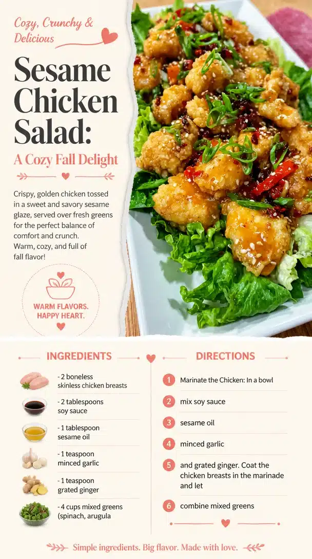 A colorful bowl of sesame chicken salad with greens and sesame dressing, perfect for fall.