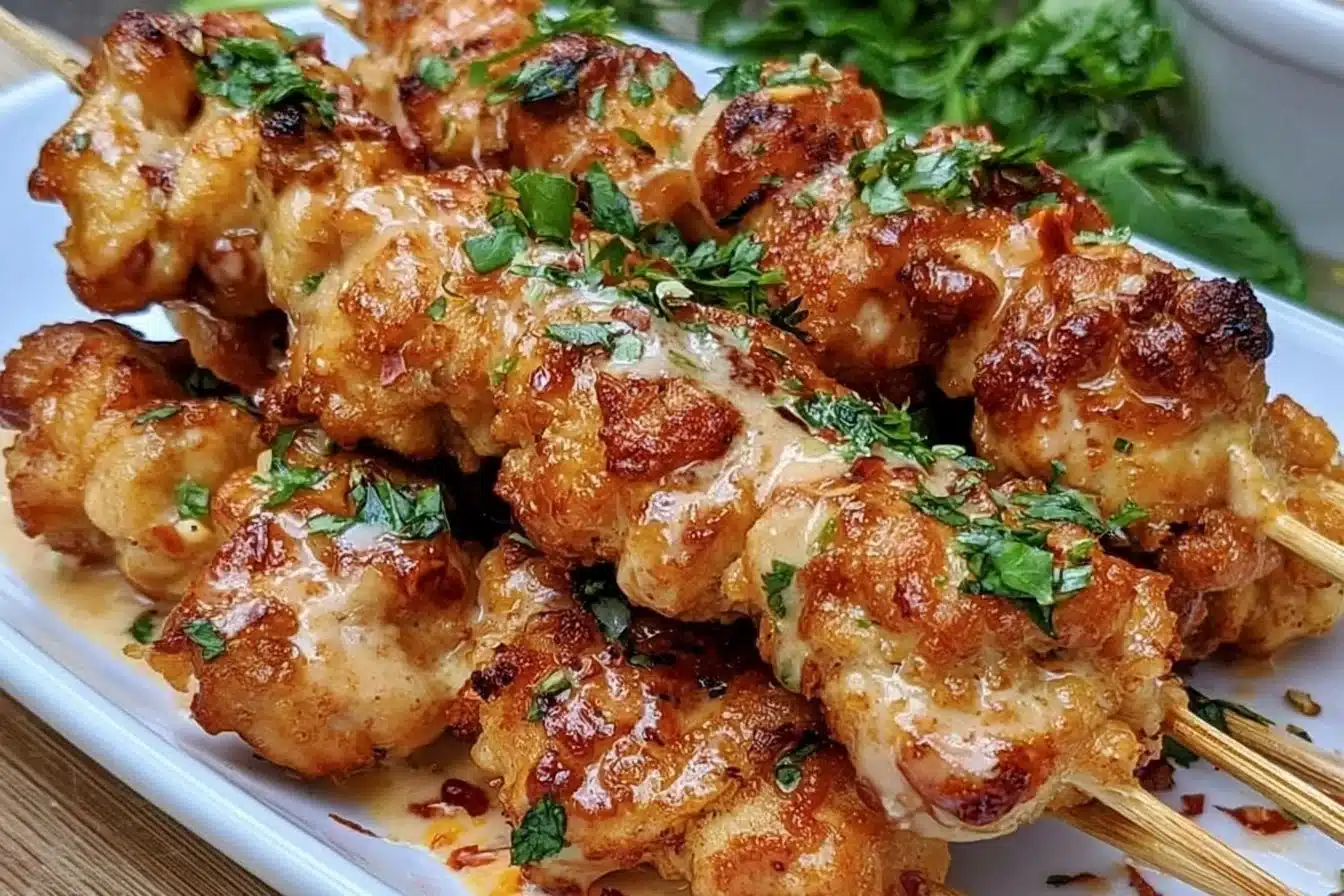 Delicious Bang Bang Chicken Skewers served on a platter