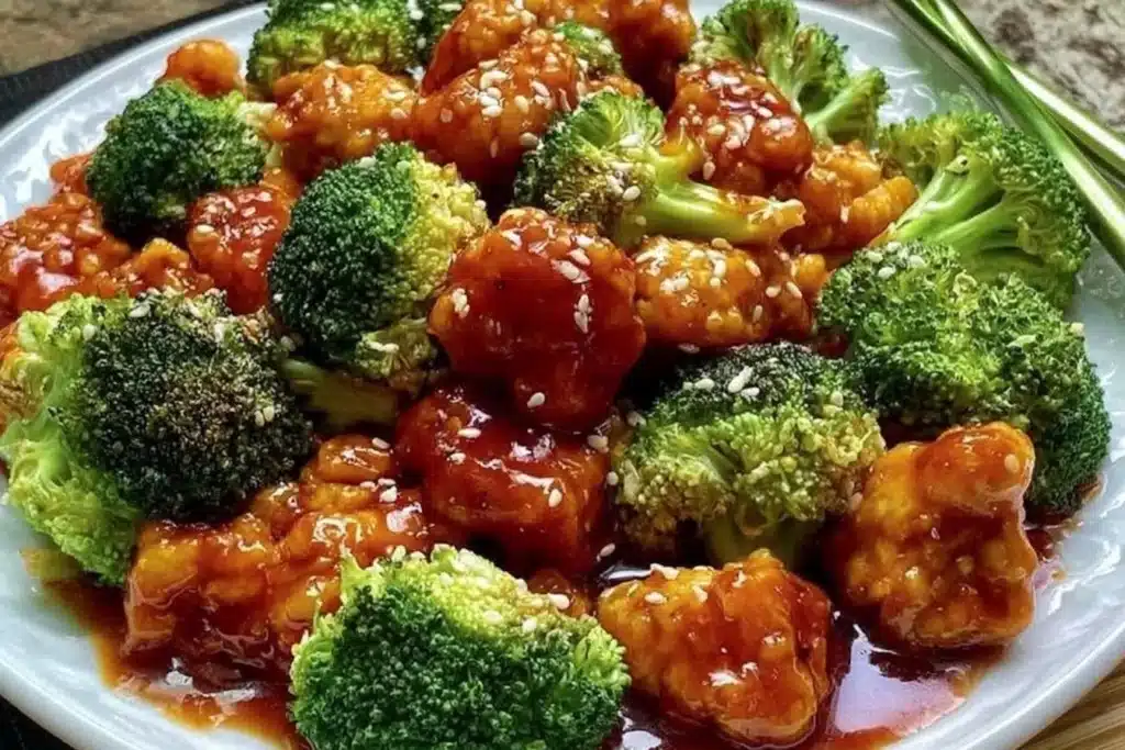 Plate of Better-Than-Takeout Sticky Chicken and Broccoli with rice