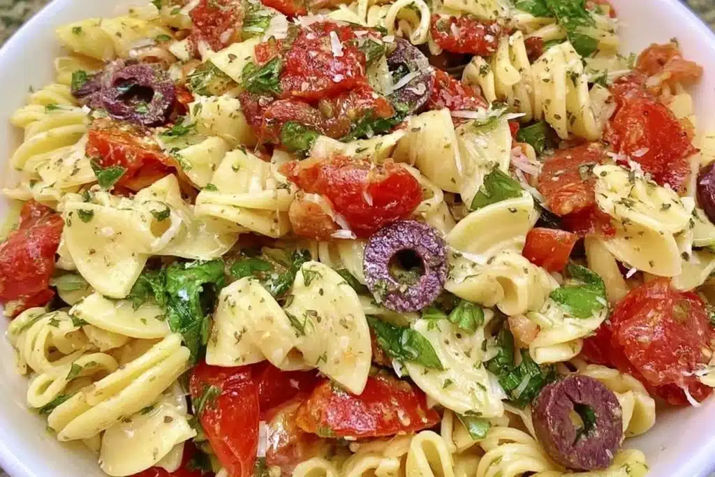 Classic pasta salad in a bowl with colorful vegetables and dressing
