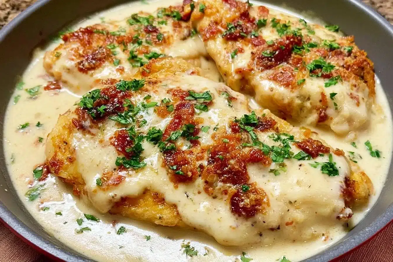 Plate of creamy garlic parmesan chicken garnished with herbs