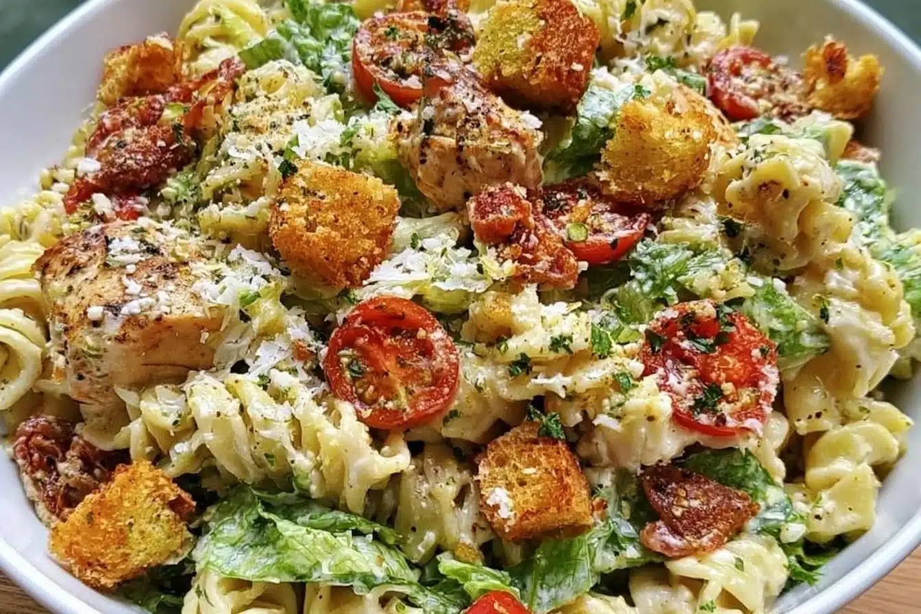 Bowl of Easy Chicken Caesar Pasta Salad with romaine, chicken, and Caesar dressing